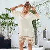 Sexy Midi Dress for Women Hollow Out Female Long Beach Dresses Short Sleeve Solid Summer Fashion Tassel Dress Bikini Beach Cover Up Deep V Neck See Through