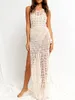 Casual Dresses S- XL Fringe Tassel Backless Long Dress Knitted Crochet High Split Hollow Out Maxi Cover-ups Beach Wear Outfits V3800B
