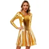 Casual Dresses Womens Shiny Metallic Long Sleeve Dress Round Neck Leotard med hög midja Fare Kjol Stage Performance Rave Party Clubwear