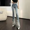 Jeans pour femmes perles broderie fleur évasée femme gland maigre denim pantalon ladie slim mujer mode bling boot-cut pantalon push up