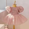 Girl's Dresses Baby Champagne Baptism Dress Cute Girl Sequin Puff Sleeve Fairy Ball Gown Newborn 1 Year Birthday Outfit Kids Formal Party Gown