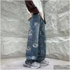 Calças de brim masculinas moda impressa outono floral denim mop calças estilo coreano high street solto hip hop wide-leg jean calças drop de dhgpe