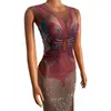 Stage Wear Full Strass Transparent High Split Longue Robe Femmes Anniversaire Jouer Célébrer Robe Danseuse Spectacle De Fête