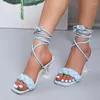 Sandals 2024 Summer Fashion Design Weave Women Transparent Strange Sexy Crystal High Heels Ladies Stilettos Square Toe Shoes