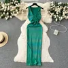 Casual Dresses European American Style Girl's Green Sleeveless Long Dress for Women Summer Chest Cross Twisted Hollow Out Tight BodyCon