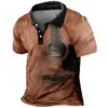 Men's Polos Vintage Guitar Print Summer Button Down Collar Polo Shirt Casual Short Sleeve Oversized Tops Fashion Sportwear Men Clothes