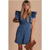 Dames Jumpsuits Rompertjes Blauw Ruche Geplooide Denim Romper Vrouw Met Zakken Drop Levering Kleding Dameskleding Dhyzt