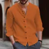 Retro Style Summer Mens Casual Cotton Linen Shirt Mock Neck Solid VNeck Long Sleeve Loose Top Handsome US Size S3XL 240220
