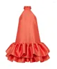 Lässige Kleider einfache orange Neckholder Satin Schwarze Frauen Rüschen unten Kleid Reißverschluss zurück kurze Vestidos Reales Bild