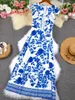 Vestidos casuais 2024 azul floral impressão branco mulheres rendas oco para fora vestido longo holiady verão bodycon robe elegante babados vestidos