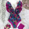 Женские купальники, модный сексуальный цельный купальник с рюшами и цветочным принтом, женский однотонный купальник с глубоким V-образным вырезом, купальный костюм Monkini