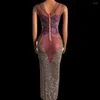 Stage Wear Full Strass Transparent High Split Longue Robe Femmes Anniversaire Jouer Célébrer Robe Danseuse Spectacle De Fête