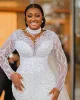 Plus Size Arabic Aso Ebi Sheer Neck Mermaid Wedding Dress Long Sleeves Sexy Bridal Gowns Dresses Custom Made