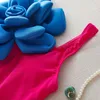 Damen-Bademode, einteiliger Badeanzug, Damen, blau, 3D-Blumen-Designer, Bauchkontrolle, 2024, Sommer, rosa Kontrast-Badeanzug, Monokini