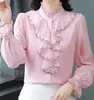 Blusas femininas bege rosa lantejoulas babados chiffon camisas 2024 outono moda elegante camisa de manga longa topo