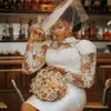 Vestidos de casamento curtos clássicos Aso Ebi sereia para noiva plus size ilusão elegante renda gola alta mangas compridas na altura do joelho vestido de casamento para mulheres negras meninas NW106