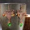 Boucles d'oreilles pendantes Vintage rouge cuivre couleur Triangle pour femmes sculpté à la main motif de fleur vert résine boucle d'oreille mode tribu bijoux