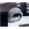 Bröllopsringar glittrande lyxiga smycken oändlig pärla 925 Sterling Sier Pave White Topaz Cz Diamond 18k Gold Plated Band Ring for Men Dhykz