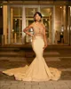 2024 Sexy Black Girls Gold Mermaid Prom Vestidos Illusion Corpete Sheer Neck Mangas Frisadas Strass Apliques Longos Vestidos de Festa de Noite Bc18161 0223