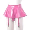 Skirts Skorts Sexy Womens Shorts Miniskirt Wet Look Clubwear Glossy Patent Leather Ruffle Mini Skirt Built-in Thongs Garter Belts Metal Clips YQ240223