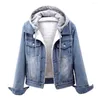 Kvinnors jackor vinterjacka avtagbar hattflikfickor termiska plus storlek denim lady coat för skolan