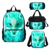 Sacs d'école Motif de loup vert Sac à dos imprimé 3D Ensemble de 4 pièces Sac pour enfant étudiant Livre retour à Gift294i