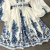 Spring Womens Elbise Baskı Fener Kolları V Yastık Elbise Yamalı İş Ruffles Gevşek Çekilmiş Boho Vesidos Hafif Sokak 2024 240223