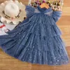 Flickans klänningar Little Girls Birthday Party Dress for Flying Sleeve Solid Clothes 2024 New Flower Girls Weddings Princess Dress för 3-8 år KIDSL2402