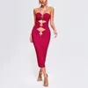 Casual Dresses Modphy 2024 Women's Deep Red Sexy Hollow Metal Ring Strapless Backless Bodycon Bandage Dress Elegant Celebrity Party Clothes