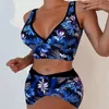 ARXIPA Sexy Sport-Bikinis, zweiteiliger Badeanzug für Damen, tiefer V-Ausschnitt, Badeanzug, gepolstert, Push-up, Strandmode, Jungen-Shorts, Blumendruck, bauchfreies Oberteil, rückenfrei