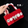 Red Mink Hairy Bow Small Square Bag Banquet Water Diamond Mobile Phone Bag Handheld Crossbody Bag