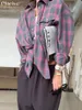 Clacive Camicia da donna scozzese allentata vintage Moda risvolto Manica lunga da ufficio Camicie e camicette Top Abbigliamento femminile 240220
