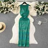 Casual Dresses European American Style Girl's Green Sleeveless Long Dress for Women Summer Chest Cross Twisted Hollow Out Tight BodyCon