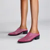 Sapatos de vestido moda feminina bombas de dedo apontado deslizamento em strass salto grosso mules chinelos ao ar livre causal para mulher 36-43