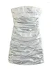 Casual Dresses Silver Metallic Bodycon Dress Straight Neckline Ruched Mini Sleeveless Sexy Axless Night Club Party Women 2024