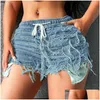 Jeans féminins 2023 Été Womens Edge Fringe Sexy Sexy Emballe Hip Taist Fit Denim Shorts Robin Jean Drop Livilar Apparel Vêtements Dhk6k