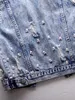 レディースベストファッションデニムベスト女性春秋のパッチフラワーズスパンコールビーズの袖なしチョッキの学生トップジャンショートジャケット