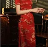 Vintage Floral Print Red Bridal Cheongsam Qipao Dress Mandarin Collar Keyhole Short Sleeve Chinese Style Party Dress