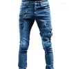 Men's Jeans Men Denim Pencil Pants Mid Waist Moto Biker Washing Pockets Slim Slight Strech Sheath Ankle Length Zipper 2024