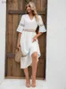 Robes sexy urbaines robe longue blanche femmes évidé dentelle épissage robes été élégant mode col en V demi manches Maxi lâche robe Mujer 240223