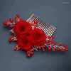 Hair Clips Red Rose Flower Crystal Bridal Comb Wedding Accessories Hairpin Year Gift For Friend