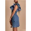 Dames Jumpsuits Rompertjes Blauw Ruche Geplooide Denim Romper Vrouw Met Zakken Drop Levering Kleding Dameskleding Dhyzt