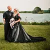 Gothic Black A Line Wedding Dresses Deep V-neck Plus Size Long Tulle Bridal Gowns Beaded Lace Appliques Court Train Wedding Anniversary Formal Gowns For Women