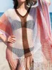 Women's Swimwear Oversize Bohemian Striped V-neck Cape Sleeve Fringed Knitted Summer Dress Beach Cover Up Women Beachwear Crochet Tunic Q900