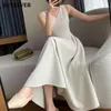 Sukienki swobodne bgteever elegancka bez rękawów w dekolcie kobieta A-line sukienka Summer Slim Taist Pockets Women Midi Ladies Vestidos