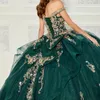 Emerald Green Quinceanera Dresses Off Shoulder Ball Gown Corset Birthday Party Dress Gold Applique Beads Vestidos De 15 328 328