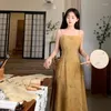 Work Dresses Chinese Style 2 Pcs Sets Tassel Irregular Buttons Sunscreen Shrug Chic Summer Elegant Defined Midi Dress Ladies Vintage Outfits