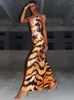 Casual Dresses Mozision Tiger Pattern Print Maxi Dress For Women 2024 Spaghetti Strap Sleeveless Backless Elegant Sexy Slipdress Vestidos