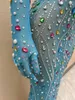 Stage Wear Colorful Rhinestones Pearl Long Dress Gloves For Singer Model Catwalk Outfit Sexy Transparent Prom Birthday Party Po Shoot