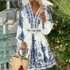 Casual Dresses Spring Summer Dress Womens Fashion Printed Lantern Sleeve High Waist V-neck Single Breasted Mini